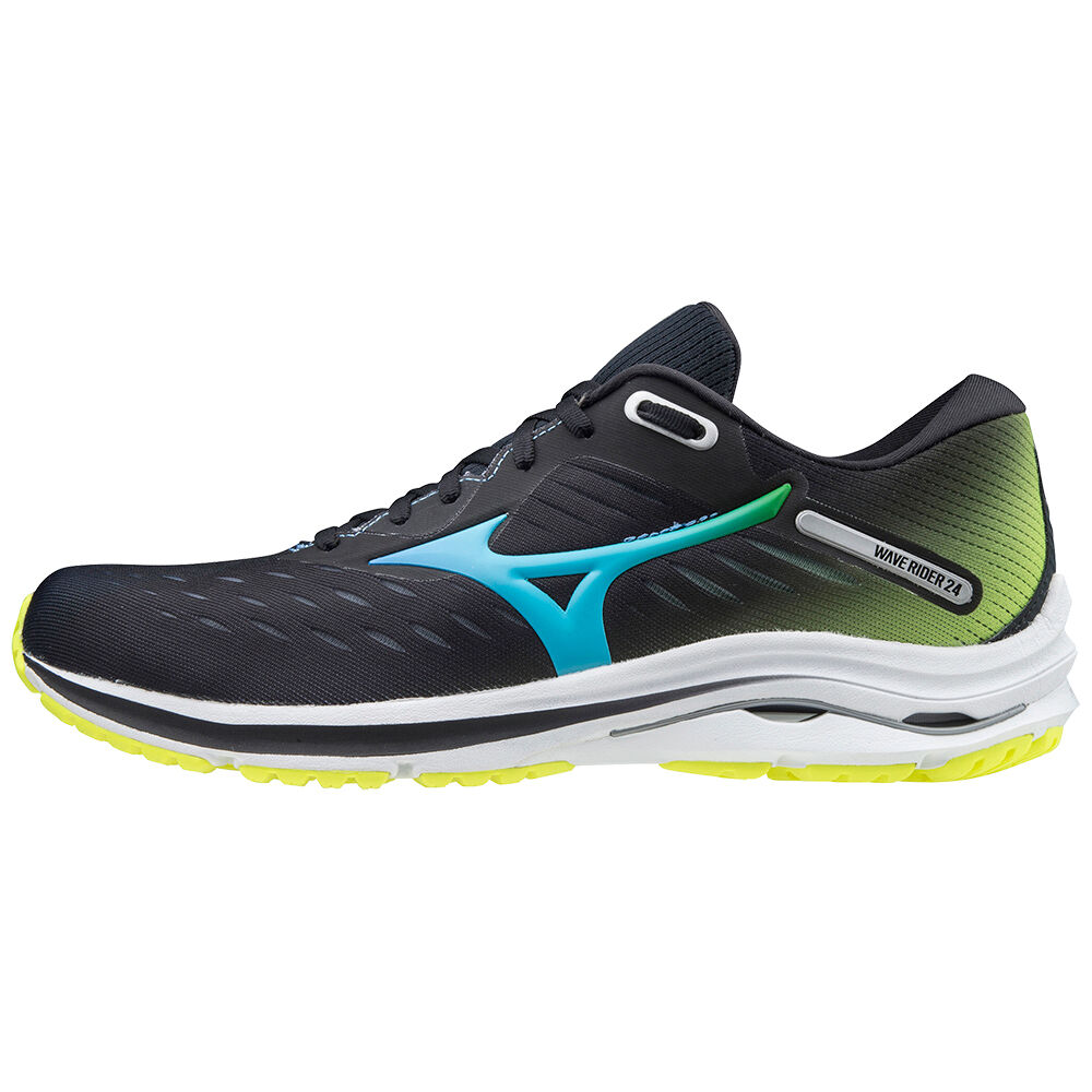 Mizuno Men's Wave Rider 24 Running Shoes Black/Blue Turquoise/Yellow (J1GC200818-ODG)